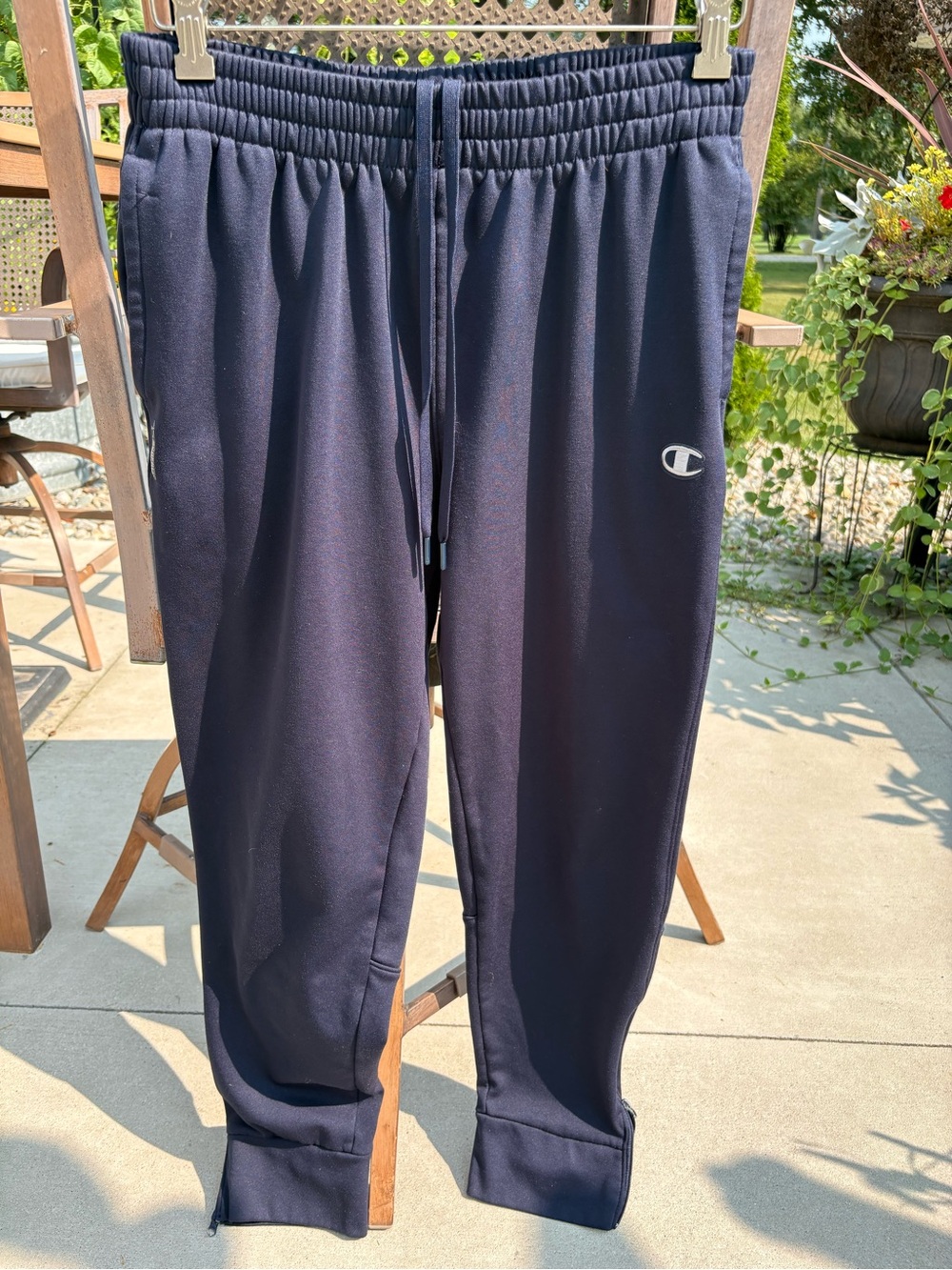 Champion Men's Dark Navy Athletic Joggers with Logo and Zipper Bottoms- Medium